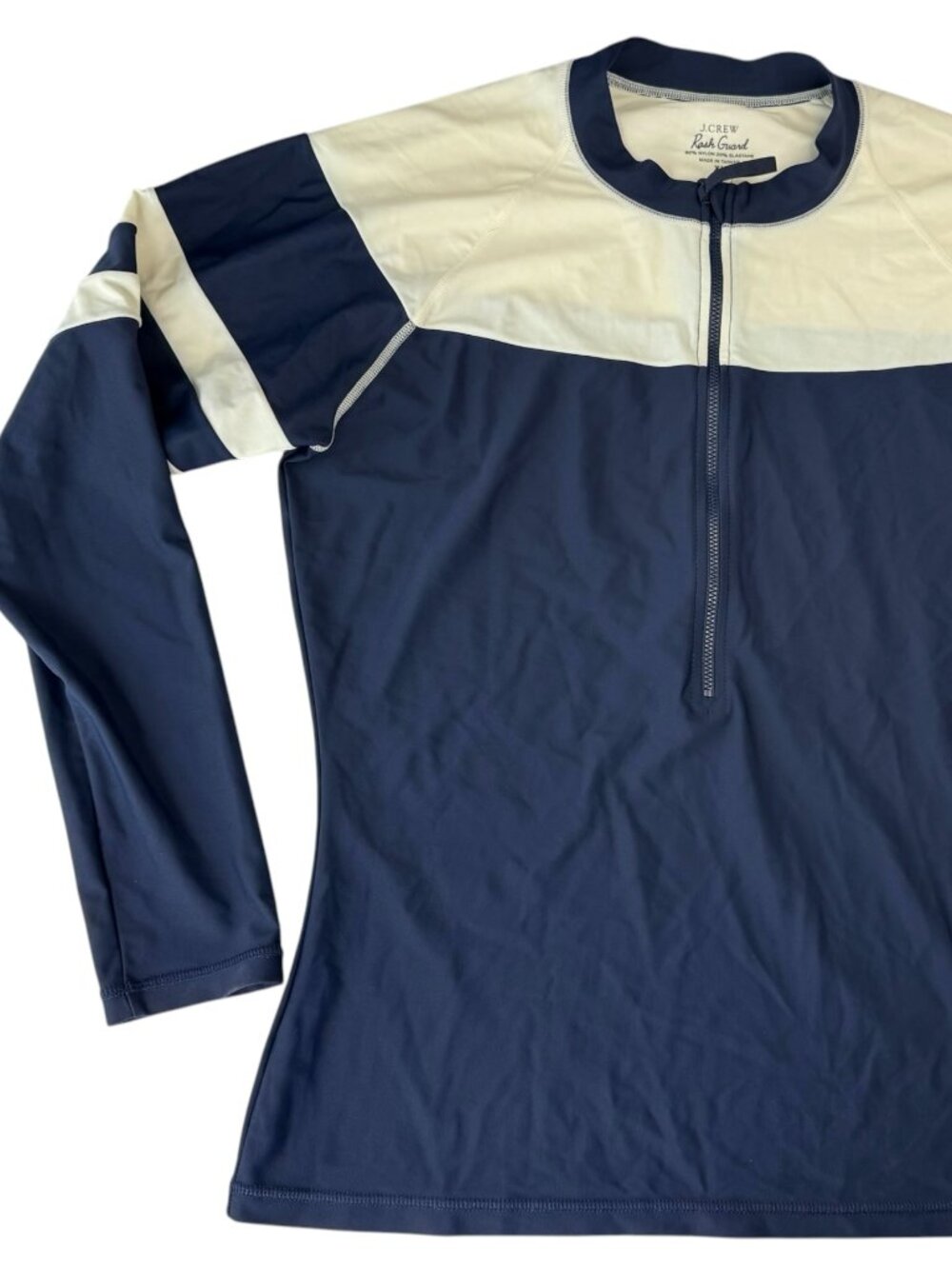 J. CREW RASH Guard Rashguard Swim Shirt. Dark Blue / White Striped. Mock Neck.